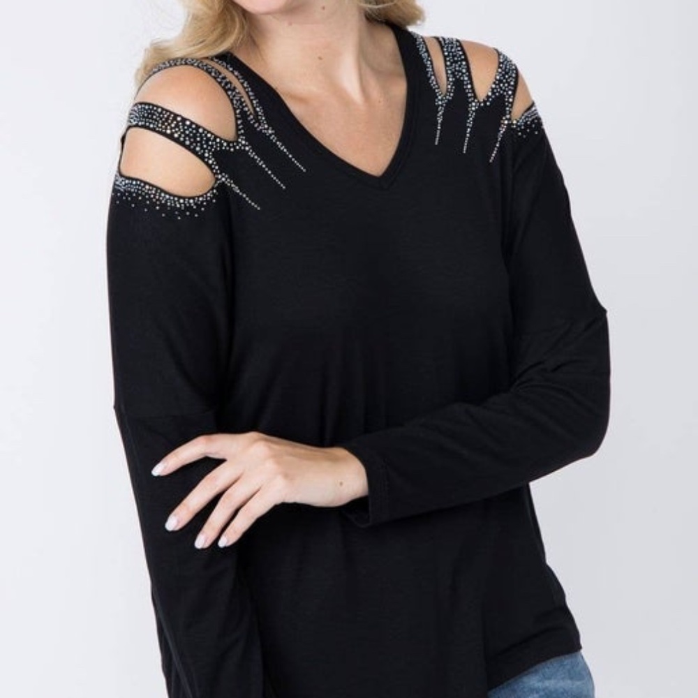 Laser Cut Shoulder Long Sleeve Top With Stones - NEW WITH TAGS